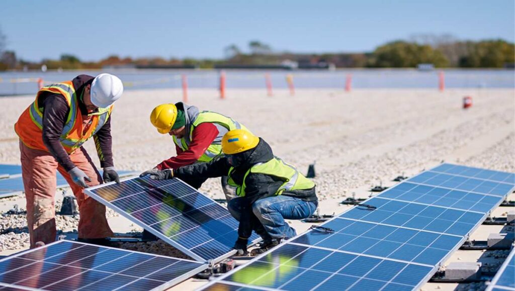 Three technicians solar panel specialists installing solar panels